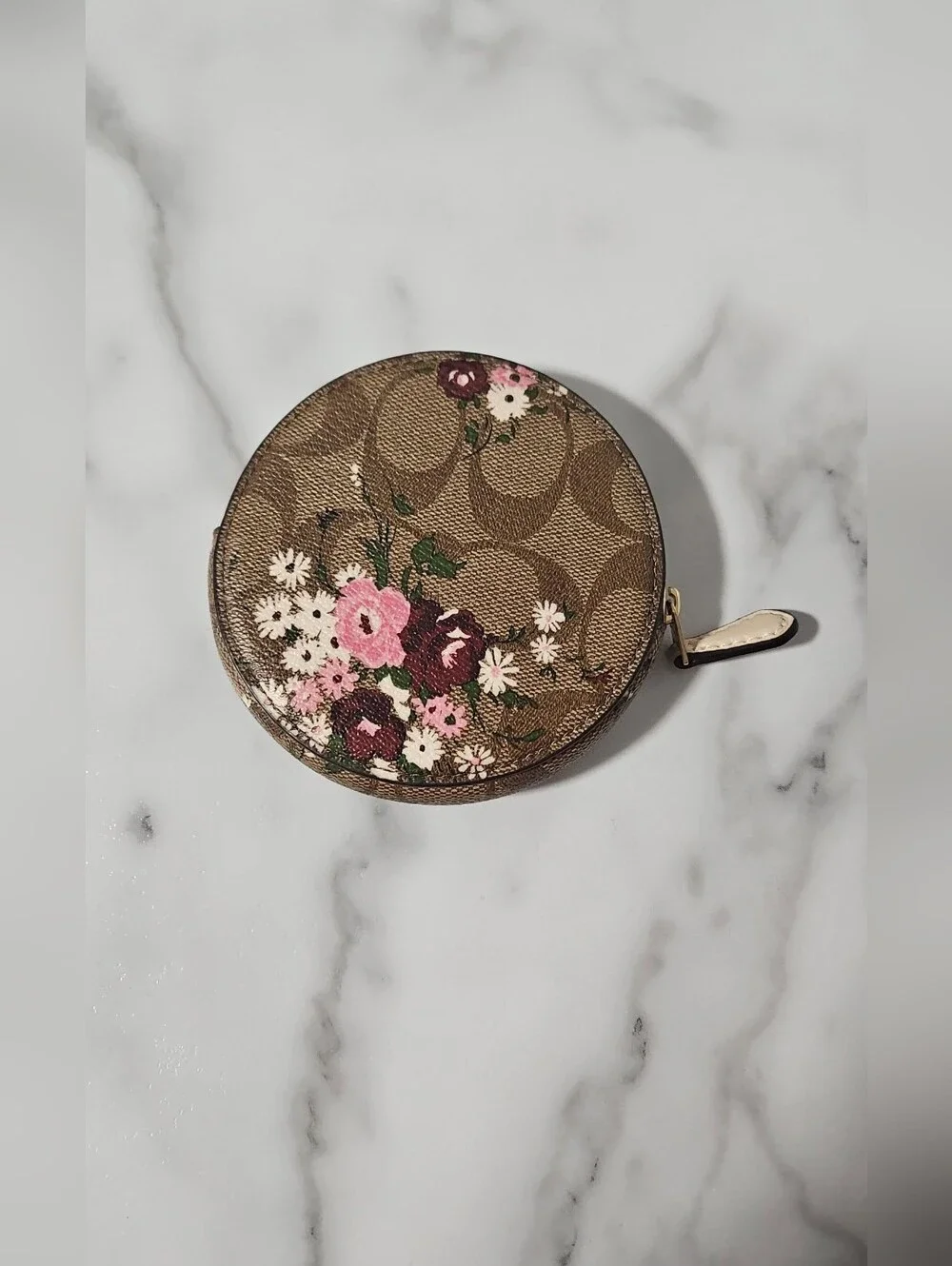 COACH Floral Signature Round Coin Pouch in Brown